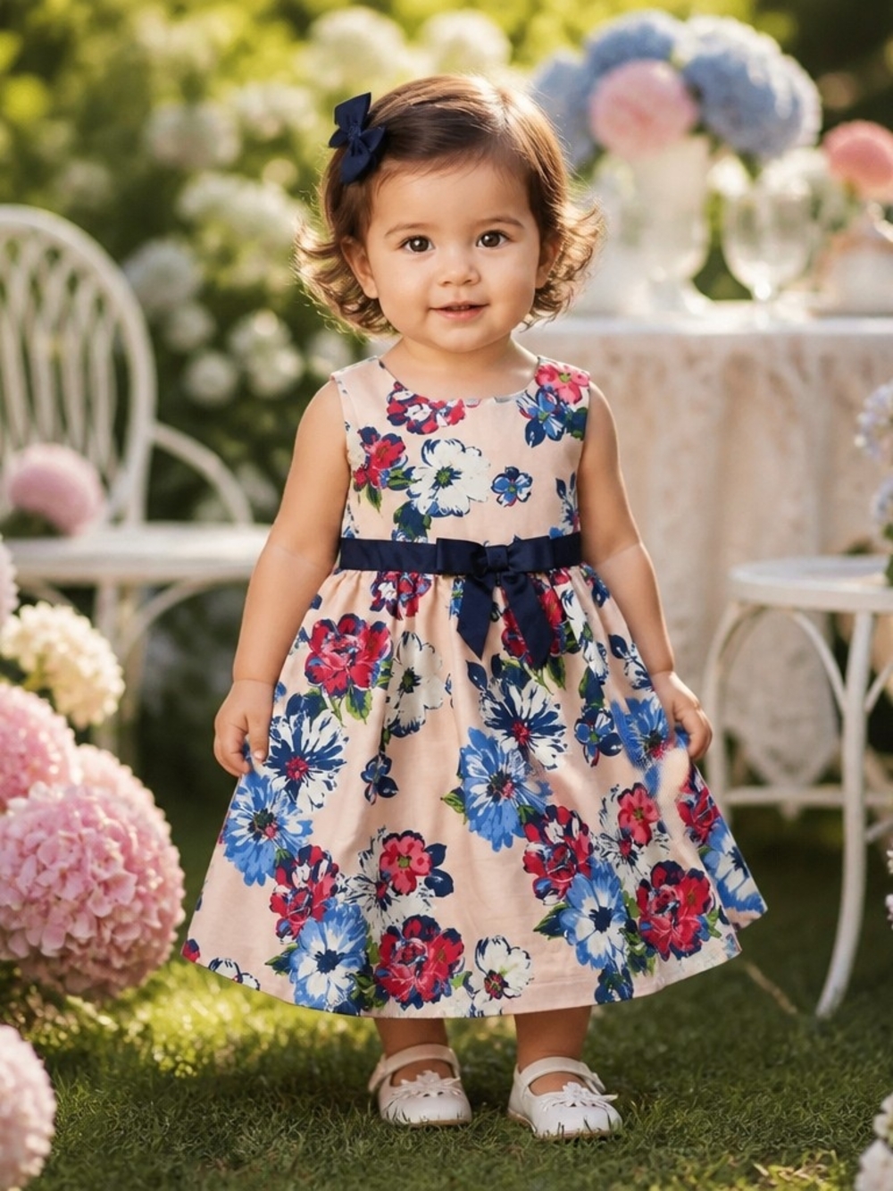 Pink Violet Baby Girls Floral Fit-and-Flare Dress with Navy Bow — Pink Base 2t